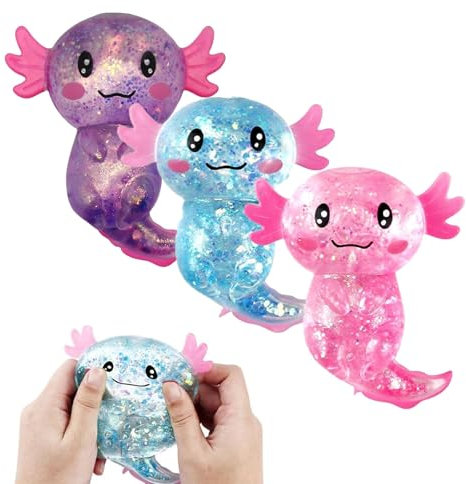 3 Stück Axolotl Squishy, Fidget Toys, Niedliche Knautschbälle, Glitzernde Axolotl Antistress Spielzeug Squishy, Ideal Als Entspannungsspielzeug Und Geschenk
