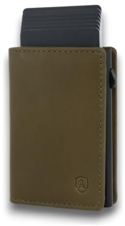 AKAROA – Kartenetui Slim Wallet Herren Rindsleder Pelle – Pop-up Card Holder Geldbeutel mit RFID Schutz und Kartenauswurf 7x10cm - Extra Kartenfächer, Scheinfach & Magnetverschluss – Grün