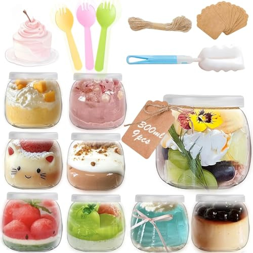 Rliocvhe 300ml Joghurtgläser mit Deckel 9 Stück, Gläser Durchsichtige Dessertgläser Glas, Mehrzweck Nachtisch Gläse, Joghurtgläser with Lid für Pudding, Desserts, Joghurt, Marmeladen, Honig