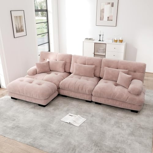 Bladez Luxuriöses Modulares L-förmiges Ecksofa – Übergroßes Cloud Sofa für Wohnzimmer, Tiefensitz Schlafsofa mit Ottoman – Cord & Chenille Sofa in Rosa, Modernes Wohnlandschaft (Pink-3 Sitzer)