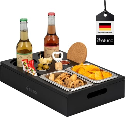 eluno Couchbar mit abnehmbarem, magnetischem Deckel, Serviertablett, inklusive 2 Snackschalen, 3 Dipschälchen, 2 Getränkehalter mit Korkuntersetzer,1 Flaschenöffner aus Bambus (Schwarz)