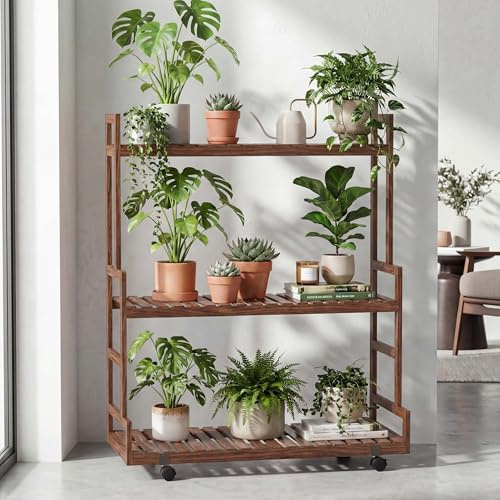 Mendler Bambus Pflanzenregal HWC-Q33 3 Ablagen Rollen 105x90x38cm - braun | Blumentreppe, Blumenständer, Pflanzentreppe