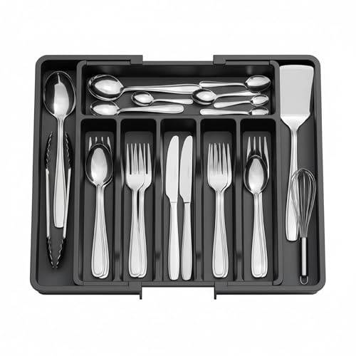 Baroni Home Portaposate Estendibile per Cassetto, Organizer Regolabile in Plastica, fino a 8 Scomparti, Divisorio per Posate e Utensili Cucina, 37,5x34-57x5 cm (Nero)