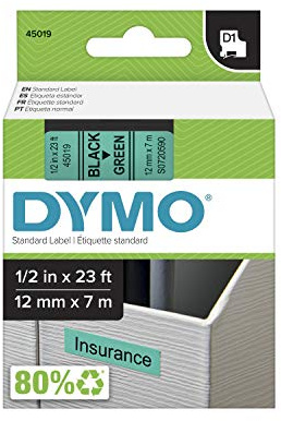 DYMO Standard D1 Beschriftungsband für LabelManager Etikettenhersteller, schwarzer Druck auf grünem Band, 1,27 cm B x 58 cm L, 1 Patrone (45019)
