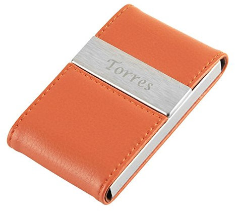 Faleto Gratis Gravur, Edelstahl PU-Leder Bussiness Visitenkartenetui Visitenkartenbox Kreditkartenetui Credit Card Holder für ca. 25 Karten, Schwarz/Kaffee/Orange/Rot (Orange, Mit Gravur)