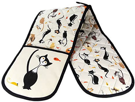 SPOTTED DOG GIFT COMPANY Double Oven Gloves Heat Resistant Oven Gloves, Mitts Potholder for Home Cooking & Baking, Black Cat Themed Kitchen Accessories Gifts for Cat Lovers Women Men