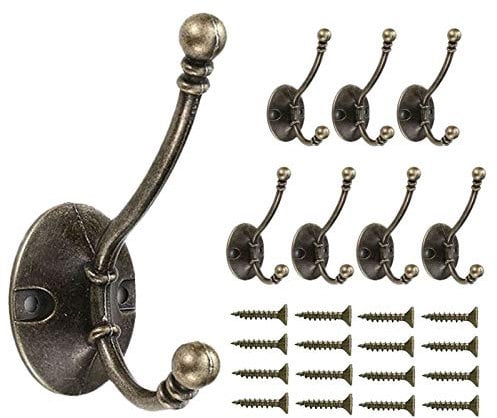 Beilala Brass Coat Hooks Wall Mounted, 8 Pack Heavy Duty Dual Antique Robe Hooks for Door Bedroom Bathroom Kitchen Office Hallway Closets (Vintage Copper)