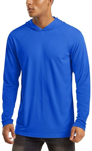 Men's UPF 50+ Sun Protection Workout Hoodie - Long Sleeve Athletic Hiking T-Shirt - Bright Blue