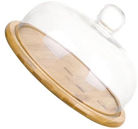 UPKOCH Cloche en Verre avec Plateau Rond en Bambou - PréSentoir À GâTeaux, PâTisseries, Fromages Et Desserts - DiamèTre 26 Cm, IdéAl pour La Maison Et Les RéCeptions
