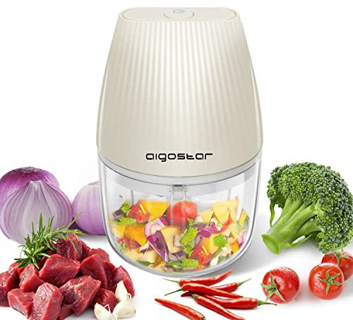 Aigostar Aimee-Mini Elektrisch Zerkleinerer Küche, 250ml Knoblauchhacker mit 3 Klingen, USB-Ladung, Zwiebelschneider für Gemüse Obst Zwiebeln Knoblauch, Babynahrung mit Löffel und Bürste