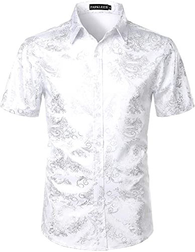 PARKLEES Men's Luxury Paisley Shiny Printed Slim Fit Short Sleeve Button Up Dress Shirt White Silver XXL