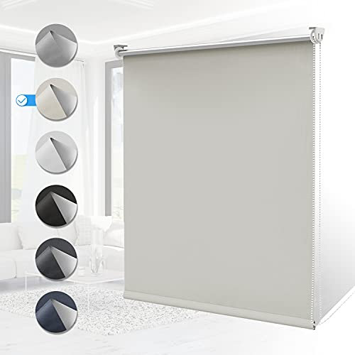 Verdunklungsrollo ohne Bohren Rollos für Fenster B120 x H210 cm (Stoffbreite 115cm) Creme Thermo Rollo Klemmfix Verdunkelungsrollo Seitenzugrollo Sicht-und Sonnenschutz Wandmontage