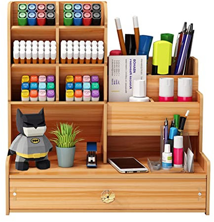 Huhemy Portapenne da Scrivania in legno,Organizer Scrivania con cassetto,Porta Penne per scrivania multifunzionale,Portapenne per penne ufficio casa scuola. (B17-Zong)