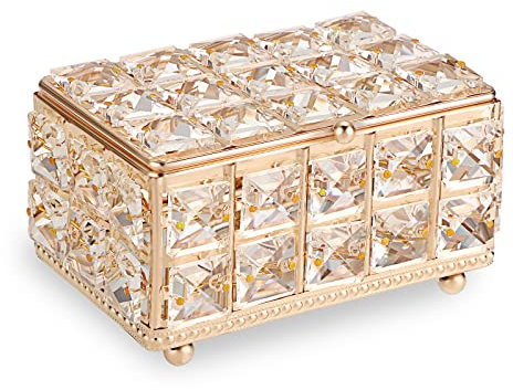 SUMNACON Crystal Jewelry Box Trinket Organizer, Rectangle Gold Trinket Storage Box with Lid, Decorative Jewelry Trinket Box Holder for Earrings Ring Necklace