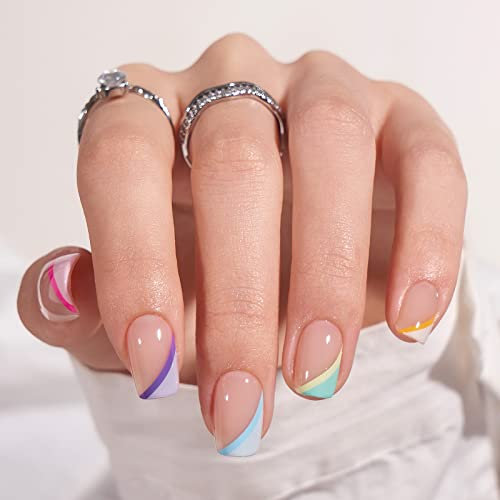 BTArtbox Press On Nails Short, 30 Pcs French Tip False Nails With Nail Glue and Adhesive Nail Tabs, No Fade Out Stick On Nails in 15 Sizes, Soft Gel Glue On Fake Nail for Women, Pastel Curves
