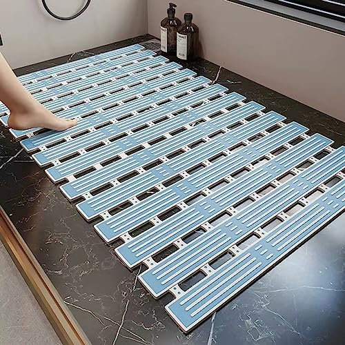 Non Slip Shower Mat Eco-friendly Rapid Drainage Bath Mat for Bathroom Kitchen Floor with Strong TPE Suction Cups (27 x 16/68 x 40cm, Blue)