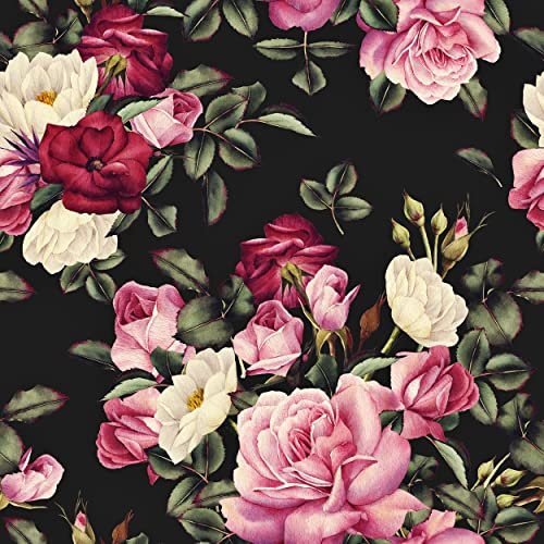 Wallercity Vintage Floral Peel and Stick Wallpaper Red Rose Wallpaper Roses Floral Wallpapers Waterproof Removable Flowers Black Floral Contact Paper for Bathroom Shelf Liner Vinyl Film 17.5 x 315