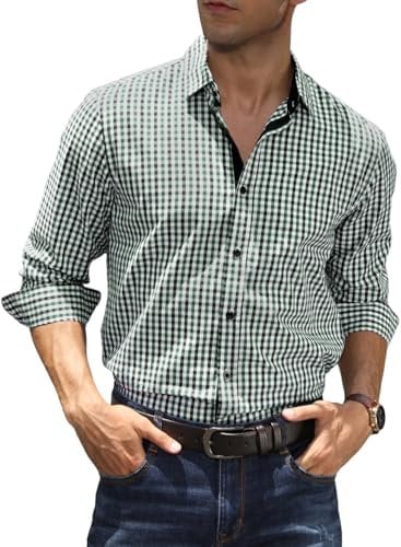 Elegancity Men’s Dress Shirt Plaid Long Sleeve Button Down Cotton Business Formal Shirts Regular-Fit Wrinkle-Free Casual Shirts (Green, Large)