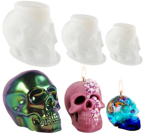 3 Stück Halloween Totenkopf Kerzenform Totenkopf Epoxidharz Formen, 3D Totenkopf Form Kerzenformen zum Gießen, Halloween Schädel Silikonform, Totenkopf Epoxidharz Silikonform für Haus Halloween Deko