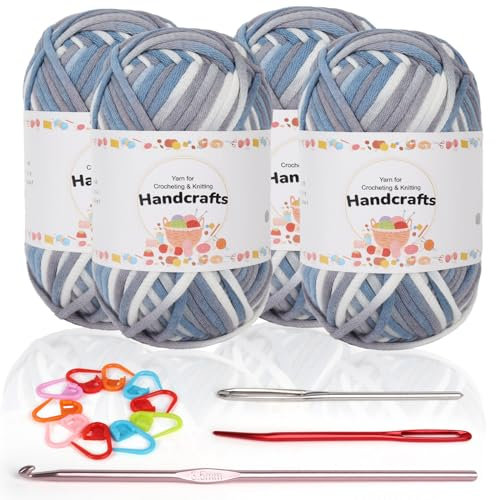Coopay 4 Stück Einfach Garn, Häkelgarn für Anfänger, Gut Sichtbare Maschen Garn Zum Häkeln mit Häkelzubehör, Baumwoll-Nylon-Garn für Anfänger zum Häkeln und Stricken (4 X 50 g), Blaugrau Gemischt