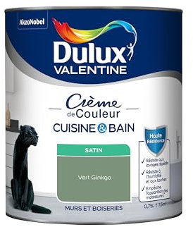Dulux Valentine Peinture Intérieure Crème de Couleur Cuisine et Salle de Bain - Pièces Humides Murs et Boiseries - Résistant aux taches et à l'humidité - Satin Vert Ginkgo 0,75 L