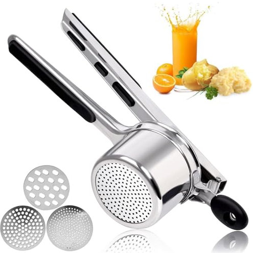 Aernajialin Mash Potato Ricer Stainless Steel Potato Masher Food Press Vegetable Chopper Multifunctional Ricer for Mashed Potatoes Puree Fruit with 3 Interchangeable Discs