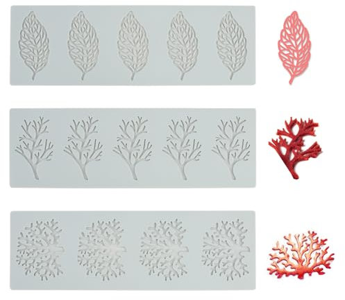 Molde Silicona Hojas, Molde Tuille Silicon, Alfombrillas de Silicona para Fondant, Moldes de Encaje Flexibles para Decoración de Tartas y Pasteles, Diseños de Ramas, Coral y Hojas (3PCS)