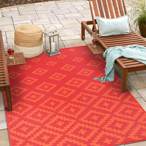 Green Decore Reversible Recycled Plastic Outdoor Rugs | Perfect for Garden, Patio, Picnic, Decking | Stain And Water Resistant | Bettina Red/Orange, 120 x 180 cm