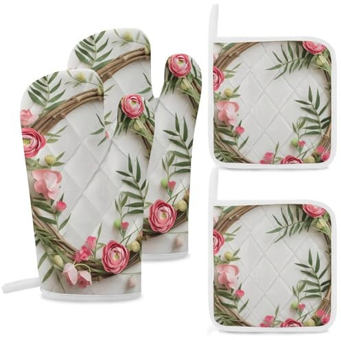 Set di 4 guanti da cucina e presine con ghirlanda fatta a mano, resistenti guanti caldi con guanti antiscivolo per barbecue, per cucina, cucina, cottura al forno, grigliate