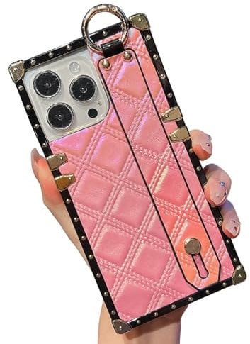 HALATUA Holographic Iridescent Compatible with iPhone 15 Pro Max Rhombus Pattern Leather Square Edge Case with Adjustable Wristband Kickstand,Protective Back Cases Cover for Women(Pink)