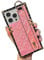 HALATUA Holographic Iridescent Compatible with iPhone 15 Pro Max Rhombus Pattern Leather Square Edge Case with Adjustable Wristband Kickstand,Protective Back Cases Cover for Women(Pink)