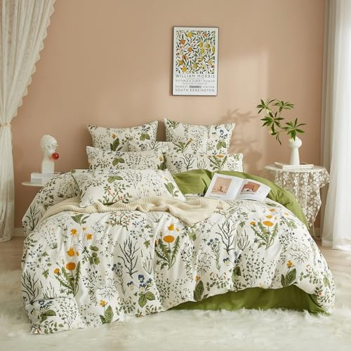 DXHOME Bettwäsche Baumwolle 135x200cm 4teilig Grün Weiß Bunt Blumen Muster Wende Bettwäsche Bettdeckenbezug Romantische Bettbezüge mit Reißverschluss und 2 Kissenbezügen 80×80 cm