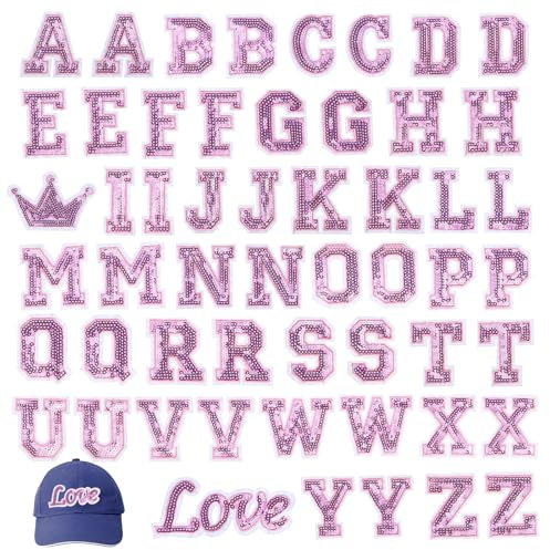 54 Pcs Sequin Letter Iron on Patches Glitter Sew Hotfix Letter Patches A-Z Alphabet Patches for Hats Bag Shirts Shoes DIY Supplies(Pink)