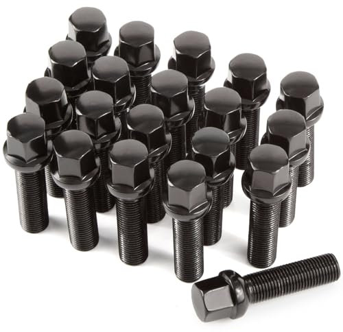 GAsupply 20 pernos cónicos para llantas de aleación de asiento | M14 x 1,5, rosca de 45 mm, hexagonal de 17 mm | Kit de pernos de repuesto para la mayoría de Audi Volkswagen (negro)