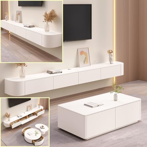 XDXINY Consola de TV flotante para TV, mueble de TV montado en la pared, banco de TV de almacenamiento grande debajo de la TV con cajones, soporte para enrutador (blanco, 240 x 20 x 24 cm)