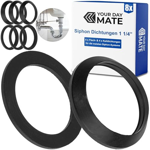 Dichtungsset für 1 ¼ Siphons, 4 x Keildichtung, 4 x Flachdichtung, aus Gummi, in Schwarz, für Bad, Küche, Waschbecken Dichtung, Abfluss Dichtringe 1 1/4 Zoll, Dichtungsringe Geruchsverschluss Siphon