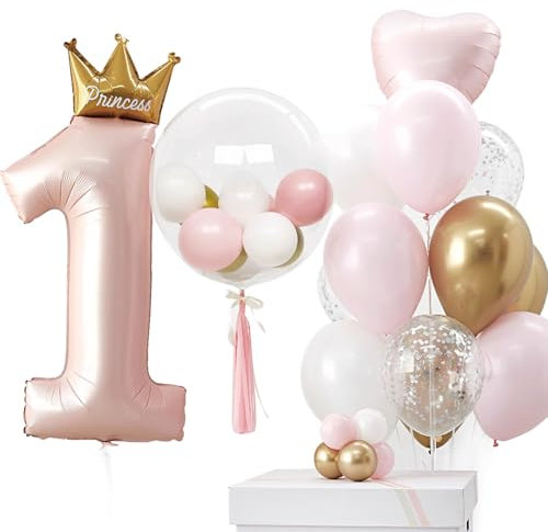 DazzJoy Geburtstagsdeko 1 Jahr Mädchen, Rosa Luftballon Deko 1. Geburtstag Mädchen Junge, Herz Folienballon 1 Jahr Geburtstag Mädchen, Erster Geburtstag Mädchen, Helium Ballon 1 Geburtstag Mädchen