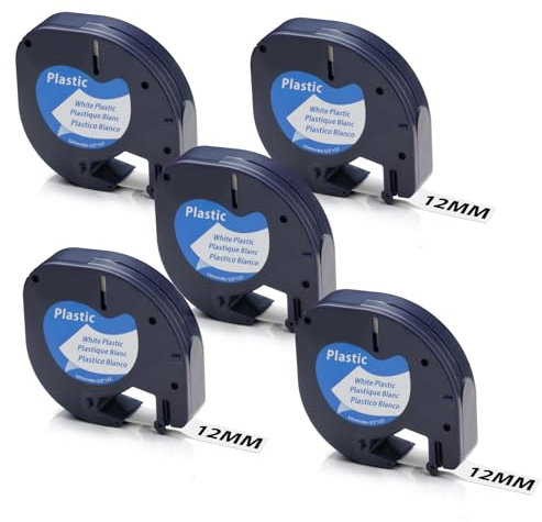OFFCUP Dymo Letratag Etikettenband, 5 Stück 12mm x 4m kompatible für Dymo Etikettenband, Kompatibel mit Letratag für LT-100H LT-100T LT-2000 LT-QX50, Schwarz auf Weiß