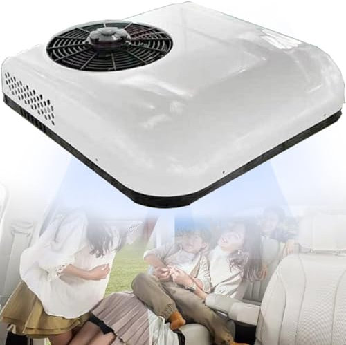 Climatiseur Toit 12V/24V CC pour Camping-Car,Unité Climatisation Toit - sans Conduit,Refroidissement,Climatisation Stationnement avec Télécommande,pour Camping-Cars/Camions/Bus etc,White-12V