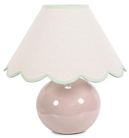 ValueLights | Stone Natural Ceramic Table Lamp with Green Trim Scallop Lampshade Living Room Bedside Light | Table Lamps, Home Décor & Improvement Essential | Included LED Bulb