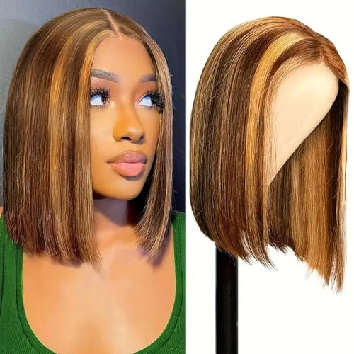 #4/27 9X6 Straight Bob Human Hair Wig 200% Dichte Ready to Go Glueless Wig Human Hair Pre Plucked Pre Cut Echthaar Perücke Highlight 100% Brasilianer Lace Front Wigs for Black Women 12 Zoll(31cm)