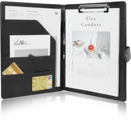 OFFCUP Cartella Porta Documenti A4 Pelle Portablocco Con Pinza Cartellina Portablocchi Cartelline Blocco Appunti Folio con Chiusura Magnetica per Curriculum Porta Carte Appunti -Nero