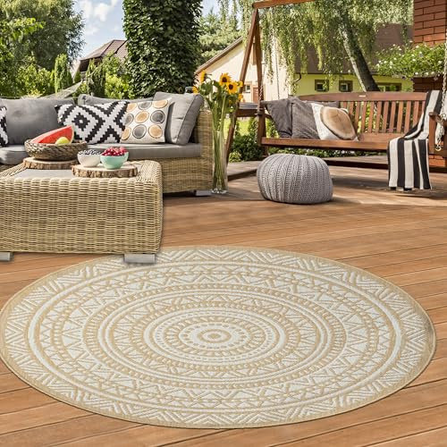 Teppich-Traum Terrassenteppich Outdoorteppich Balkonteppich Garten Teppich Gemustert strapazierfähig mit angenehmer Ethnooptik in Beige, 120 cm Rund