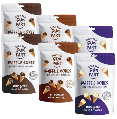 Just The Fun Part Waffle Cones with Premium Belgian Chocolate Variety Pack of 6 x 70g - Chocolate Filled Bite Sized Crispy Mini Wafers Cone Ready to Eat Snack Box for Kids