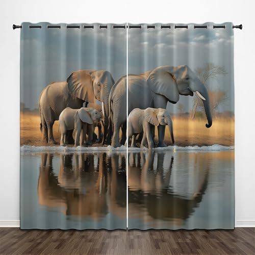 CEDNXOER Blickdicht Afrika Grasland Vorhang 2er Set H 245 x B 140 cm, Verdunklungsvorhänge mit Ösen Thermovorhang für Schlafzimmer, Tiere Elefanten Kälteschutz Gardinen für Wohnzimmer