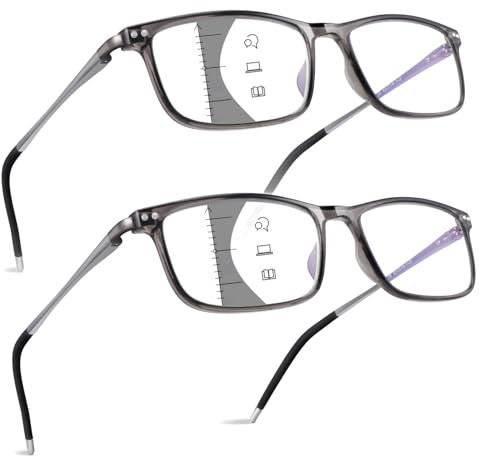 Missfive 2 Pack Licht Gleitsichtbrille Herren Aluminum Multifokale Lesebrille Blaulichtfilter Vollrand Gleitsicht Lesebrille mit Federscharniere (2 Grau, Nähe-Mittlere Entfernung, 2.0x)