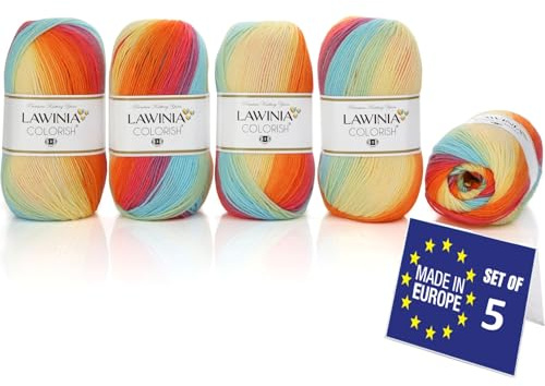 LAWINIA COLORISH Premium Regenbogen Garn DK, Regenbogen Wolle zum Stricken 5 x 100g - 350m 100% Acryl Strickgarn, Paintbox, Pastellwolle, Mehrfarbig Wolle, Farbverlaufsgarn, Ombre Garn, Rainbow Yarn