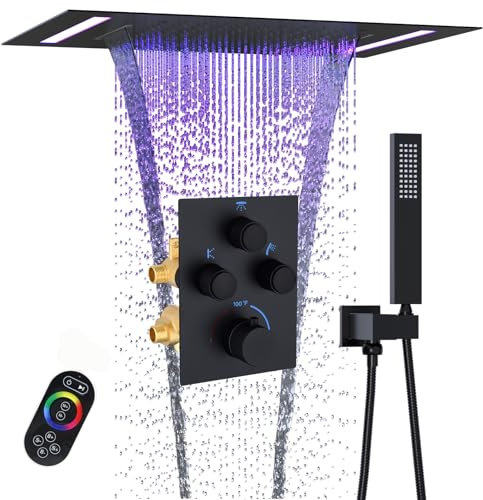 Rain Shower System, 2 in 1 Functions Rainfall Waterfall 14x20 Inch Ceiling Mount LED Shower Head with Square Handheld, Push Button Thermostatic Shower Valve Can All Run Together, Matte Black