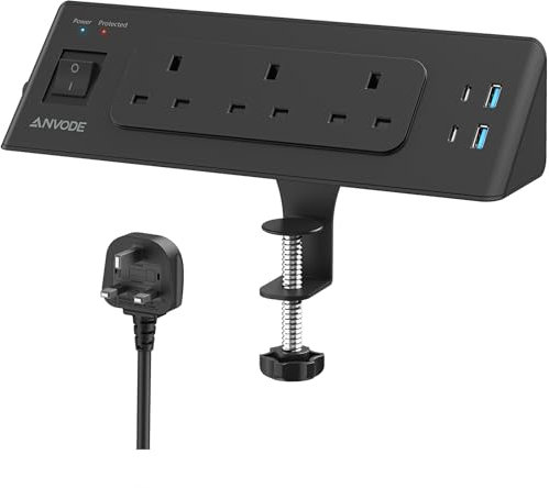 Desk Power Socket with USB C,ANVODE 3 Way Plug Extension Socket with 4 USB, Desk Extension Lead 2M with Switch, Surge Protecion Multi Plug Extender for Home Office