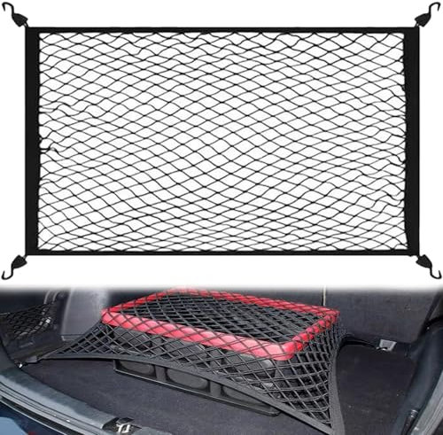 1 Pc Cargo Net Adjustable Elastic Car Boot Net （60 x 40cm）Single Layer Fixed Cargo Netting Car Boot Net （with 4 Hooks to Prevents Slipping ）Black Luggage Net for Vehicle Van SUV Campervans